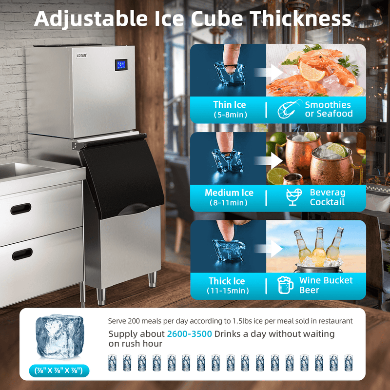 COTLIN 22" 300LBS/24H Adjustable Ice Cube Thickness Air Cooled Stainless Steel  Commercial Ice Maker T50A