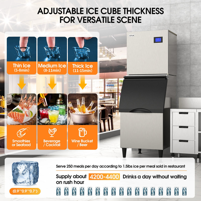COTLIN 22" 400LBS/24H Adjustable Ice Cube Thickness Air Cooled Stainless Steel Commercial Ice Maker T60A