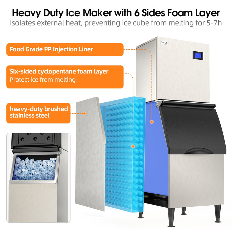 COTLIN 22" 400LBS/24H Adjustable Ice Cube Thickness Air Cooled Stainless Steel Commercial Ice Maker T60A