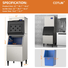 COTLIN 22" 400LBS/24H Adjustable Ice Cube Thickness Air Cooled Stainless Steel Commercial Ice Maker T60A