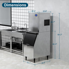 COTLIN 23" 550LBS/24H SECOP Compressor Air Cooled Stainless Steel Commercial Ice Maker L500