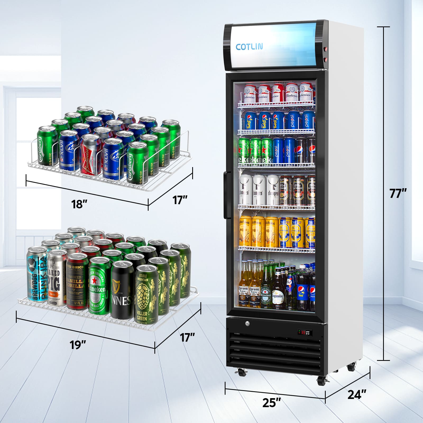 COTLIN 24" 12.5 Cu.Ft. LED Dual-pane Glass Door ‎Coated Steel Upright Display Beverage Cooler WX-P354